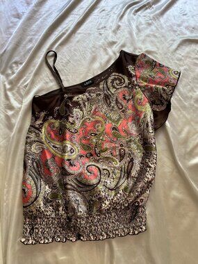 Vintage y2k A.Byer Paisley One Shoulder Satin Going Out Top Boho Fairy Medium